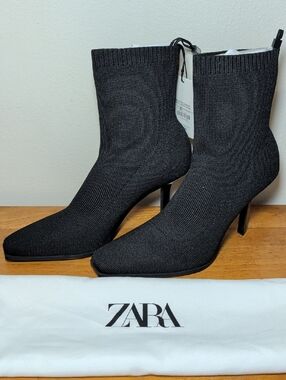 Zara Sock Knit Stilet Booties Black Chisel Toe 3.5" Heel NEW Womens Size 6.5